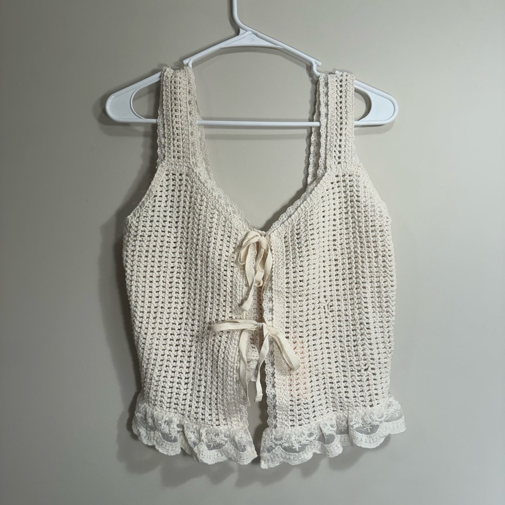 Good Luck Gem Ivory Crochet Top with Tie Detail